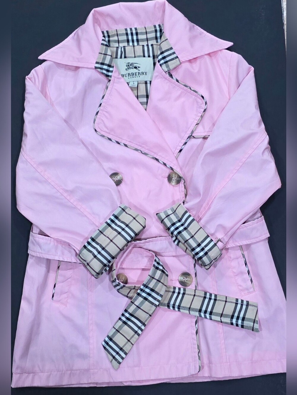 Burberry Pink Kids Trench Coat with Signature Check Trim Size Large